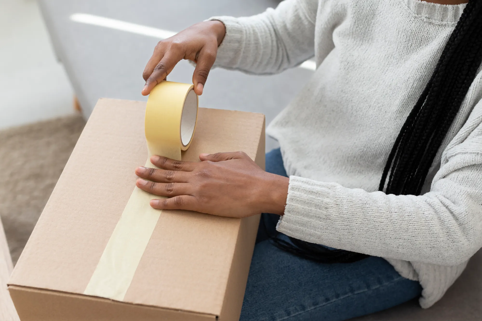Person sealing a cardboard box with tape