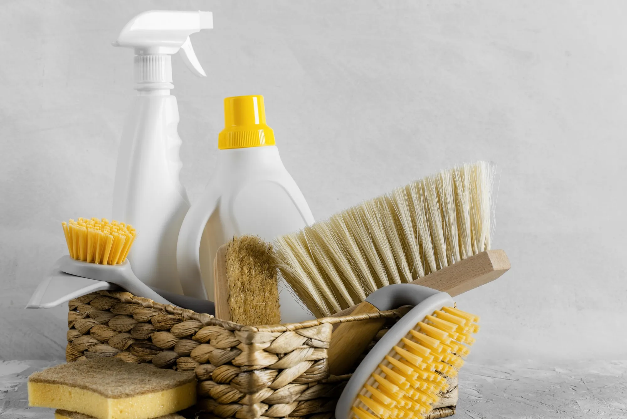 Cleaning spray bottles and brushes in a wicker basket