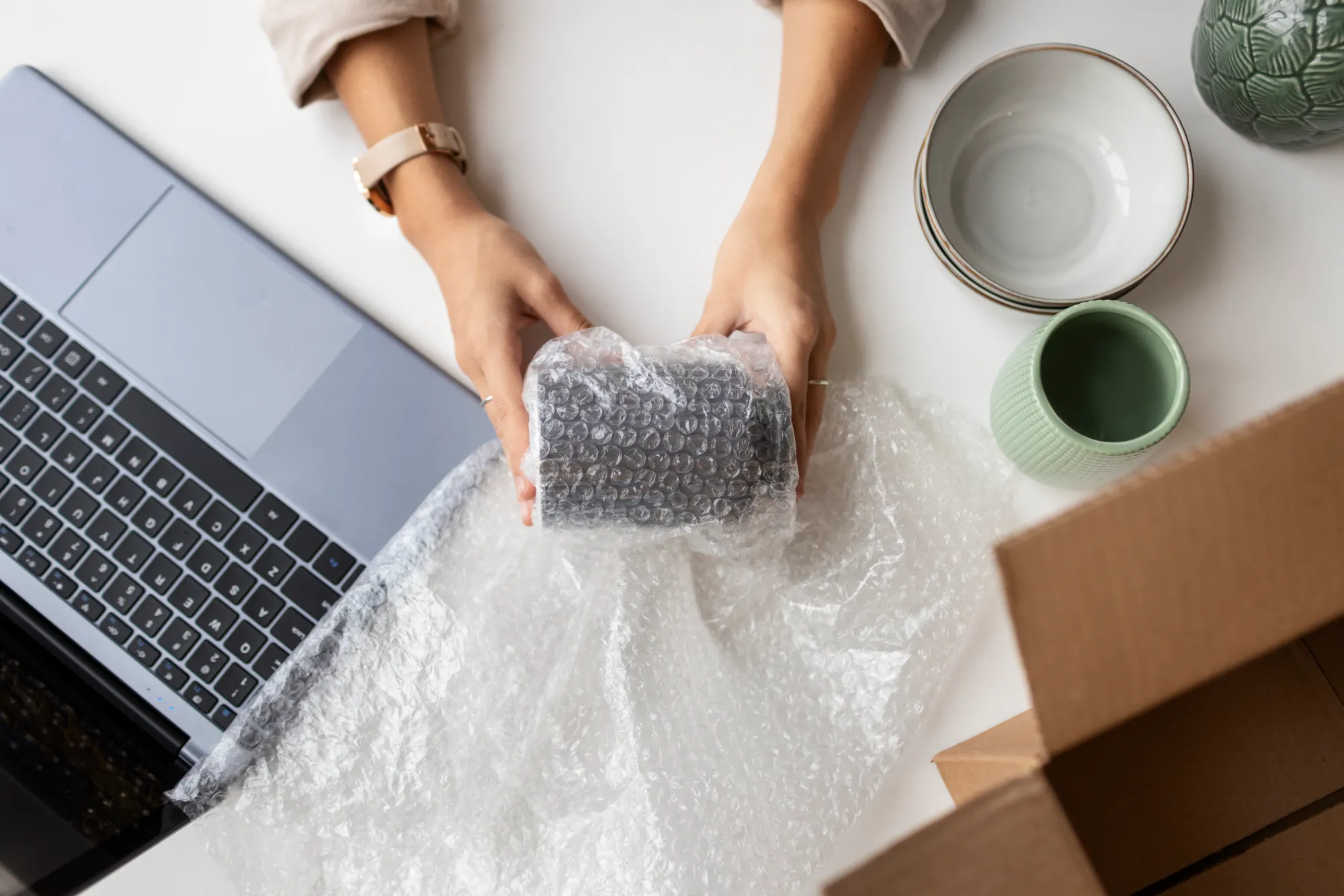 Hands holding bubble wrap next to a laptop and a cardboard box